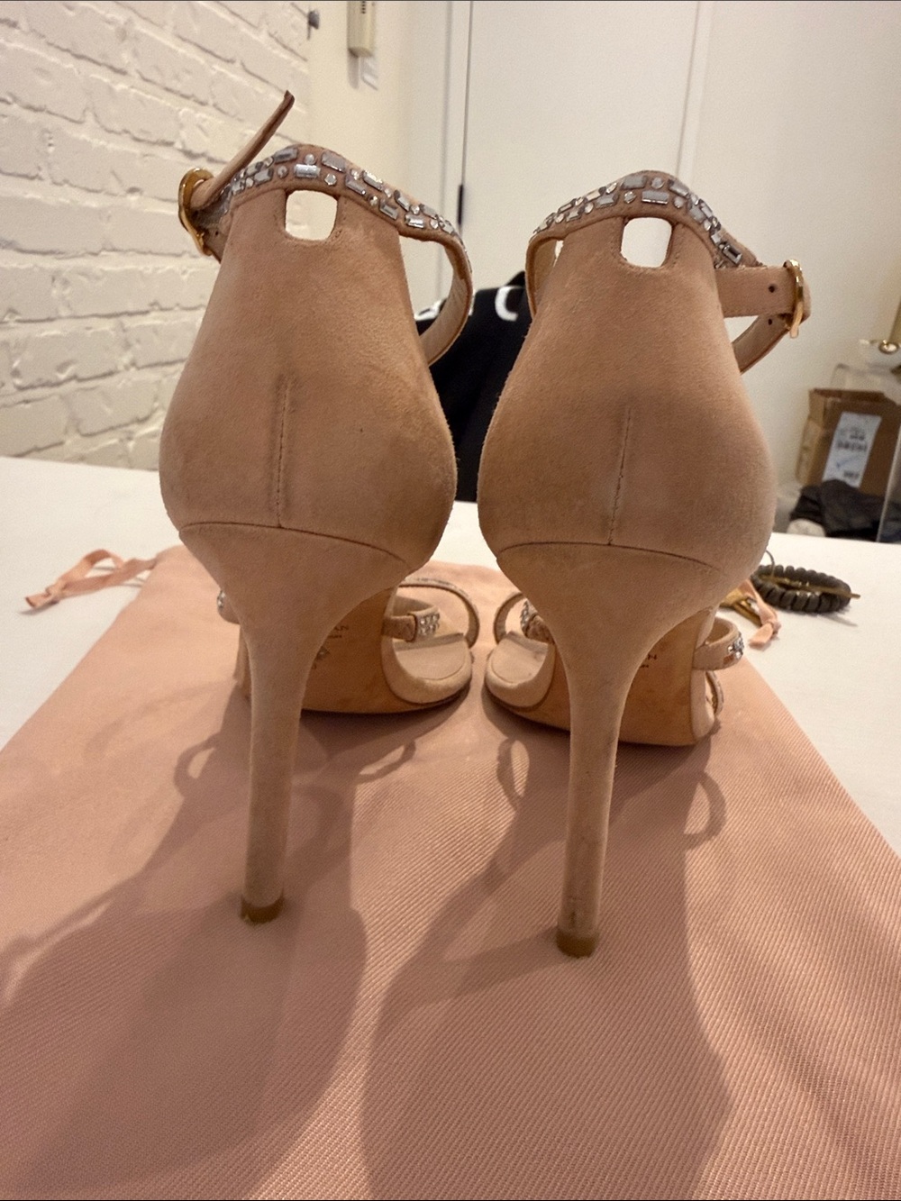 Stuart Weitzman Suede Rhinestone Embellished Sandals - Picture 3 of 5